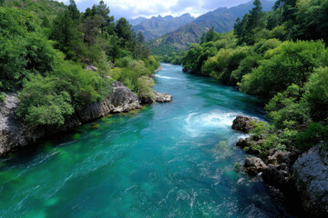 Scenic river flowing through lush green forest in a mountain landscape during bright day
