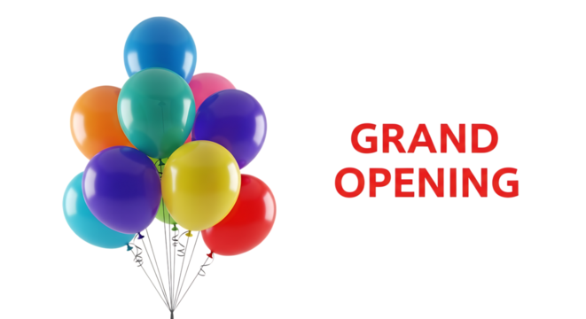 Bunch of colorful balloons, with red text reading Grand Opening, PNG isolated on white or transparent background