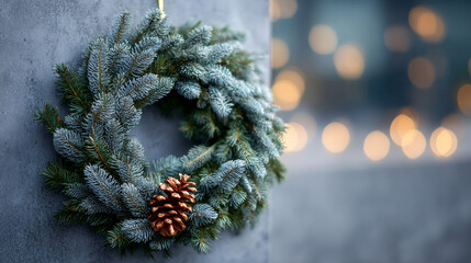 Close-up of a frosted pine wreath with a pine cone hanging on a gray wall with blurred warm bokeh lights in the background