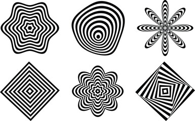 Six abstract optical illusion geometric shapes and patterns in black and white