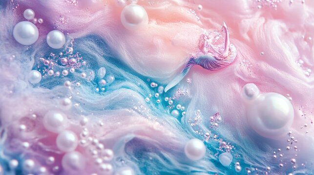 Pastel swirls of pink, blue, and white, adorned with pearls, create a dreamy and ethereal abstract background
