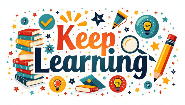 Keep Learning: Colorful illustration with books, pencil, and lightbulb elements