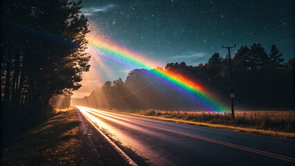 Magical rainbow beams illuminate a serene country road at twilight under a starlit sky, inspiring wonder and adventure