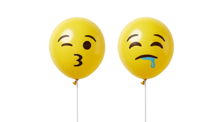 Two yellow emoji balloons, one with a kissing face and one crying with drool, PNG isolated on white or transparent background
