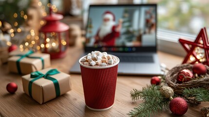 Virtual Christmas celebration with a video call to Santa Claus on a laptop. Cozy holiday scene with hot chocolate and gifts on a desk. Modern remote communication concept