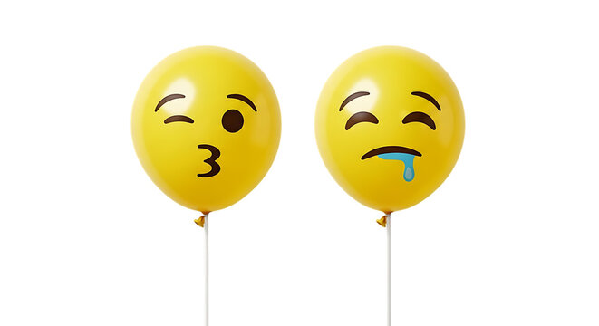 Two yellow emoji balloons, one with a kissing face and one crying with drool, PNG isolated on white or transparent background - Powered by Adobe