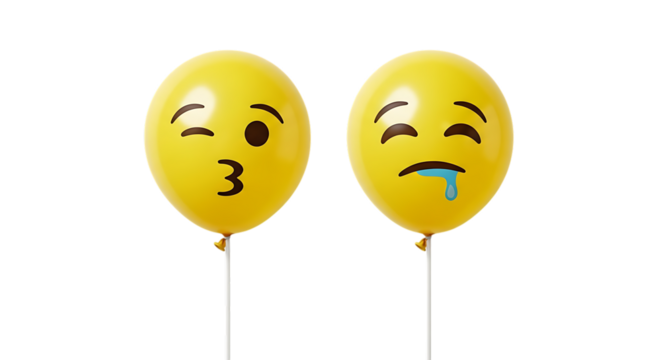 Two yellow emoji balloons, one with a kissing face and one crying with drool, PNG isolated on white or transparent background