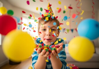 Fototapeta premium Happy boy in party hat throwing confetti at a birthday celebration with balloons
