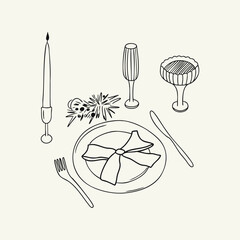 Whimsical table setting for Christmas, wedding and holidays. Outline illustration of place setting with champagne glasses, coupe, plate with bow, candle and spruce decoration. Vector illustration