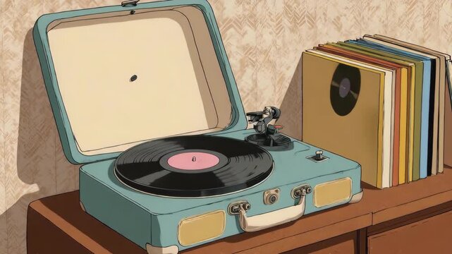 Illustration featuring a vintage record player with vinyls and a stack of albums