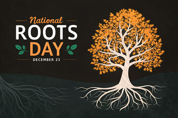 "National Roots Day: A Vibrant Autumn Tree with Exposed Roots Against a Dark, Textured Background"