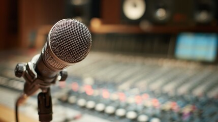 A dynamic recording studio setting features a microphone poised to capture sounds blending artistry and technology.