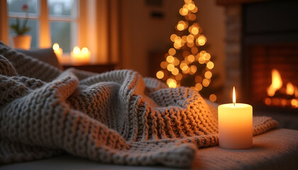 Cozy winter evening scene with lit candle, fireplace, and Christmas tree lights