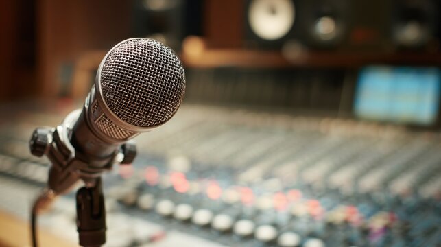 A dynamic recording studio setting features a microphone poised to capture sounds blending artistry and technology.