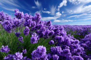 Obraz premium Vibrant lavender field under a bright blue sky with white clouds