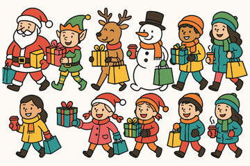 Joyful christmas characters carrying gifts and shopping bags in festive attire