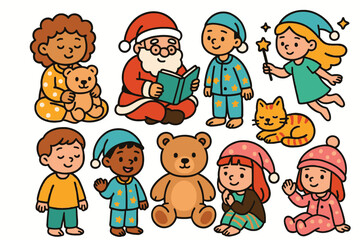 Santa claus reads bedtime stories to children and toys