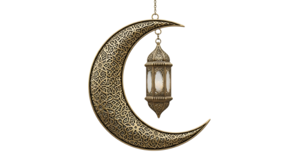 Ornate golden crescent moon, with hanging lantern featuring intricate patterns, PNG isolated on white or transparent background