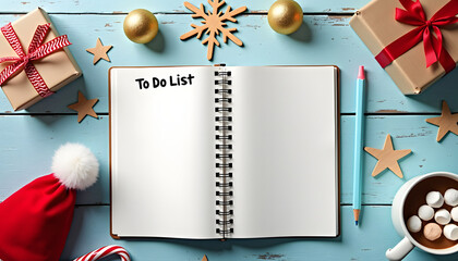 Christmas to-do list with gifts, decorations, and hot chocolate on a blue table
