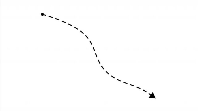 animation of arrow moving to the bottom right corner along curved dashed path on white background