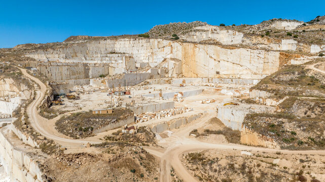 Aerial view of a large marble quarry.