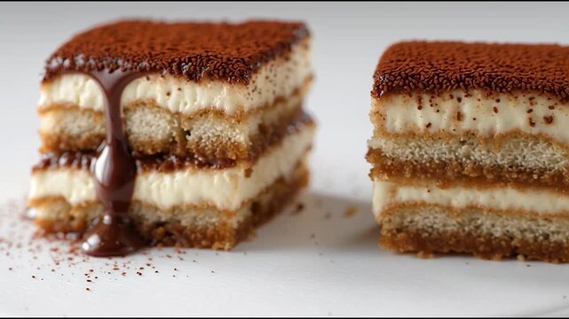 Uneven stack of creamy tiramisu dessert bars layered with mascarpone cheese, soaked sponge cake, rich chocolate sauce, and cocoa powder topping creating sweet Italian cake indulgence