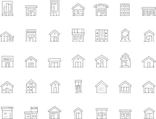 Fototapeta premium Modern Real Estate Icon Set in Vector Style Featuring Houses, Buildings, Property, and Landmarks 