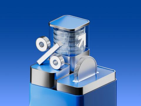 3D render of a stack of metal silver coins with percentage and growth arrow symbols, representing financial growth, investment, savings, or profit increase. Elegant metallic design digital background