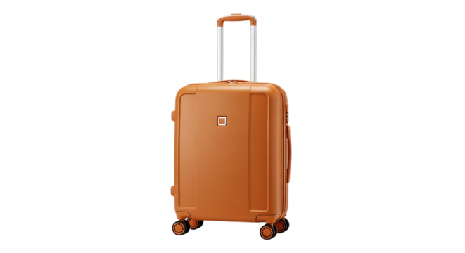 Orange hardshell rolling suitcase, with silver telescopic handle and four wheels, PNG isolated on white or transparent background