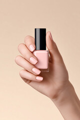 Female hand holding nude pink nail polish bottle