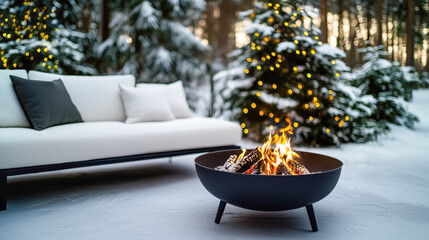Cozy winter outdoor scene with modern fire pit, snowy forest, and decorated trees
