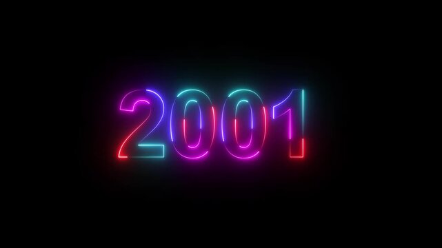 2001 neon line text. Abstract 2001 neon text animation ,Four color neon Glowing neon number text background 4k video animated .Happy new year 2001 greetings new year concept
