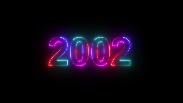 2002 neon line text. Abstract 2002 neon text animation ,Four color neon Glowing neon number text background 4k video animated .Happy new year 2002 greetings new year concept