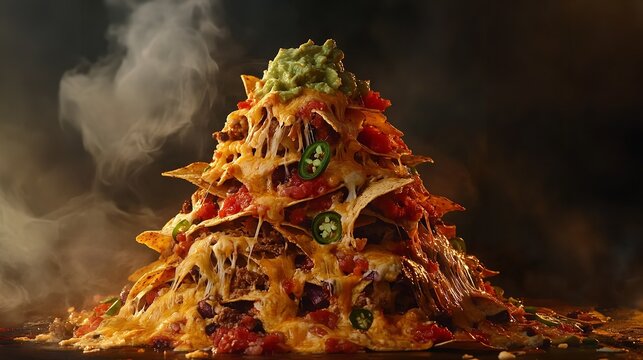 A mountain of cheesy nachos piled high with toppings, perfect for sharing with friends and family