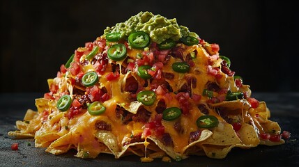 A large pile of nachos with cheese, guacamole, jalapenos, tomatoes, and bacon on a dark background