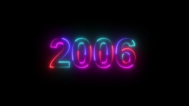 2006 neon line text. Abstract 2006 neon text animation ,Four color neon Glowing neon number text background 4k video animated .Happy new year 2006 greetings new year concept