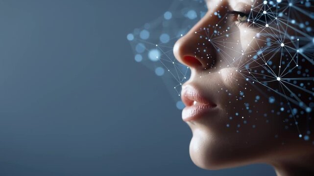 A woman's face is shown with a computer generated design. Concept of technology and artificial intelligence, as the woman's face is made up of lines and dots, giving it a futuristic appearance