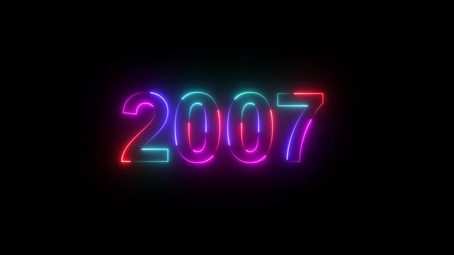 2007 neon line text. Abstract 2007 neon text animation ,Four color neon Glowing neon number text background 4k video animated .Happy new year 2007 greetings new year concept