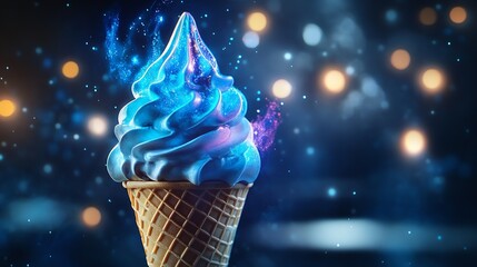 Magical blue ice cream cone with glowing lights and bokeh background, a sweet and frozen dessert