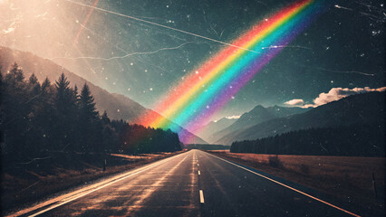 Vibrant rainbow arches over a scenic mountain highway at dusk, inspiring adventure and hope on a journey.
