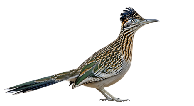 Greater roadrunner bird, profile with crest and detailed plumage, PNG isolated on white or transparent background