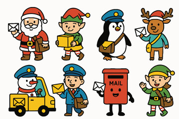 Christmas characters delivering mail and packages with festive cheer
