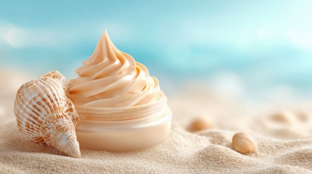 A delicious swirl of cream rests in a shell on warm sand with gentle waves nearby.