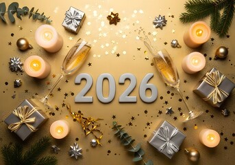 New years eve celebration with champagne, gifts, and candles for 2026