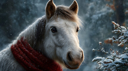 Unicorn Wearing a Red Scarf in a Snowy Winter Scene – Cozy Fantasy Illustration