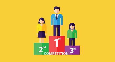 Three people standing on a winners podium with competition labels