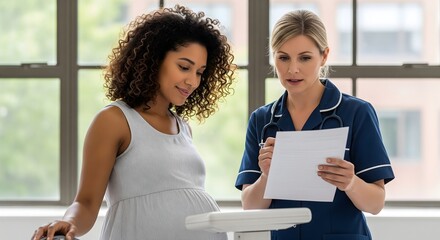 Caring nurse reviews medical chart with expectant mother in modern clinic setting, offering support and guidance during pregnancy checkup