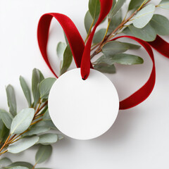 Gift tag mockup with red velvet ribbon and eucalyptus sprig