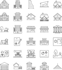 City and urban life thin line icon set. Symbols for buildings, real estate, and cityscape

