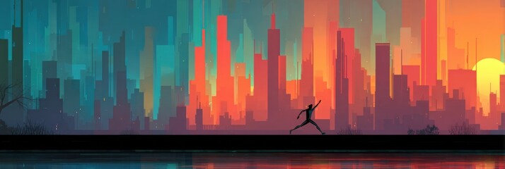 A silhouetted dancer strikes a pose on the waterfront as a colorful sunset paints the city skyline with rich hues of orange, pink, and blue.